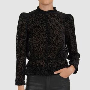 The Kooples Black Velvet Leopard Pattern Sheer Devore Button Up Peplum Blouse